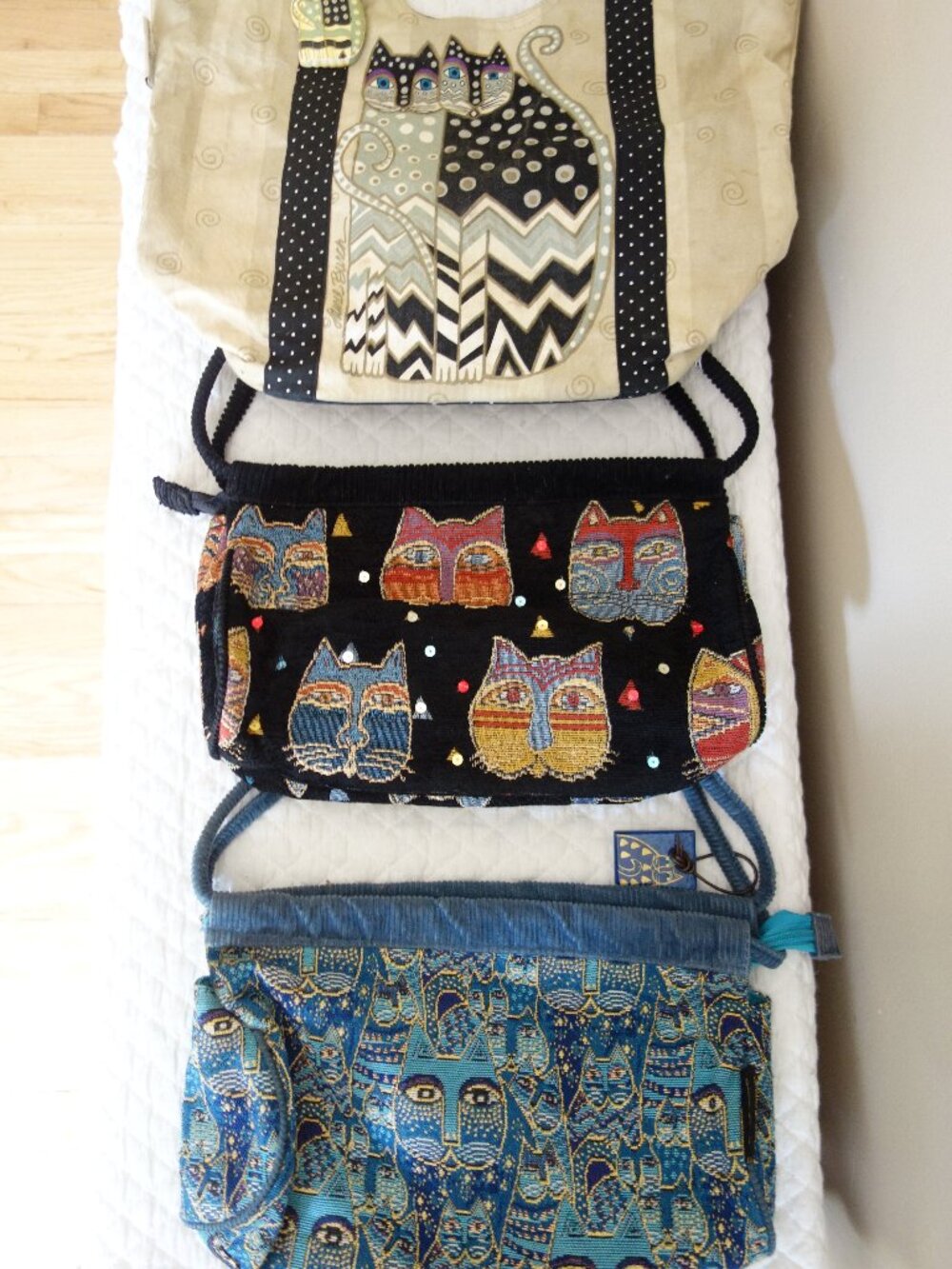 3 Vntg LAUREL BURCH Cat Tote / Tapestry Purses